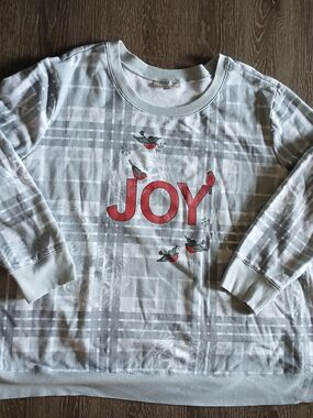 Woman Within Light Gray Plaid 'JOY' Sweatshirt with Red Holiday Graphic